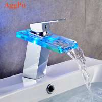 LED waterfall faucet, cold and hot water table basin bathroom temperature control color luminescent glass washbasin faucet